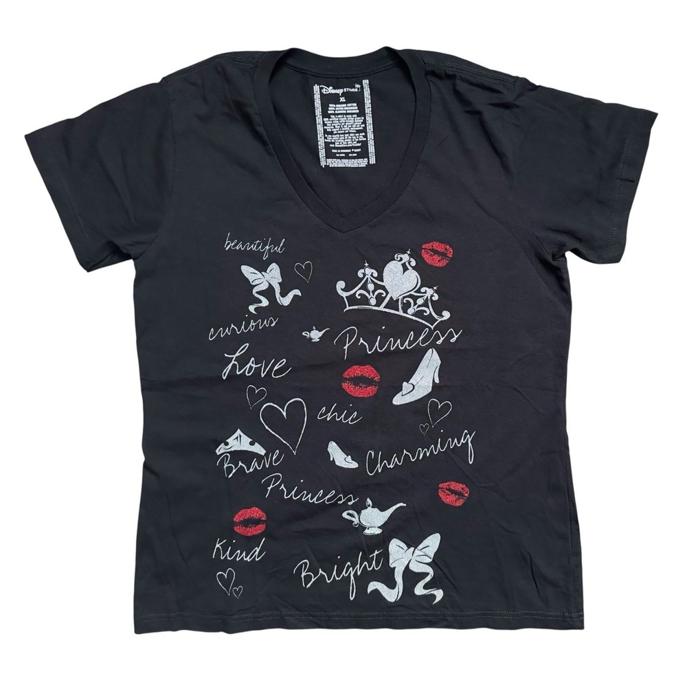 Disney Princess Tiara Hearts Kisses V Neck Tee Black Silver Red Glitter Shirt XL